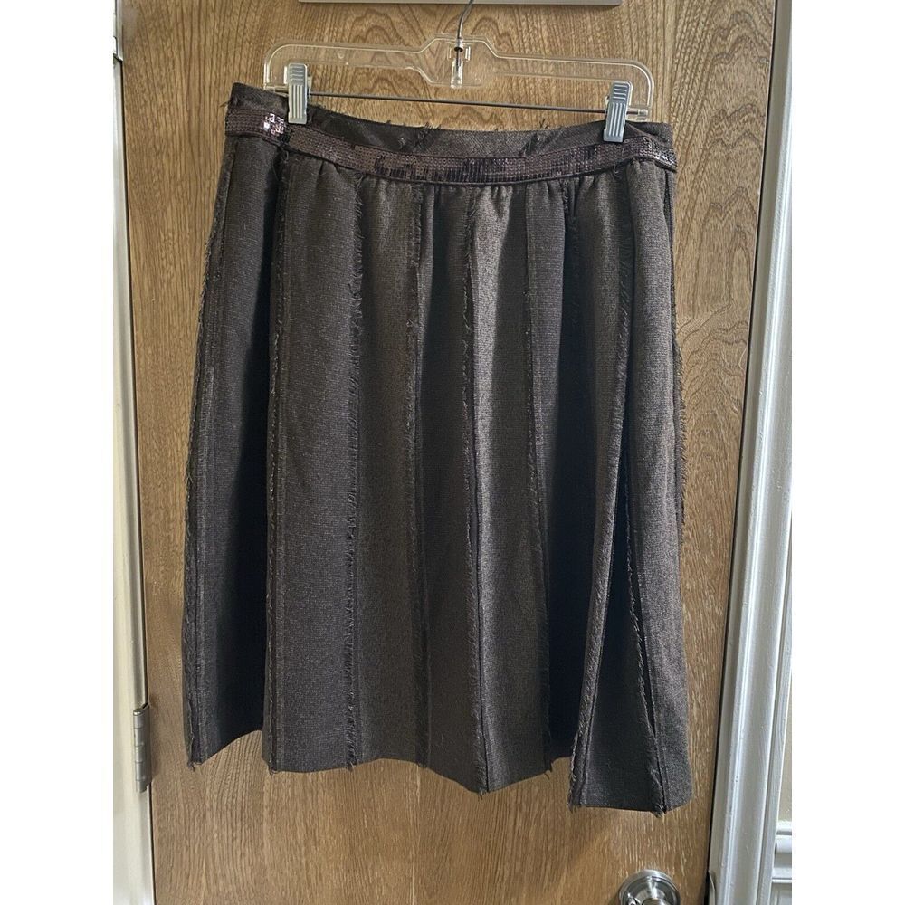 DOROTHEE BIS SKIRT BROWN W/SEQUIN BAND PLEATS DOWN W/TORN FRINGE SIZE 10 **READ